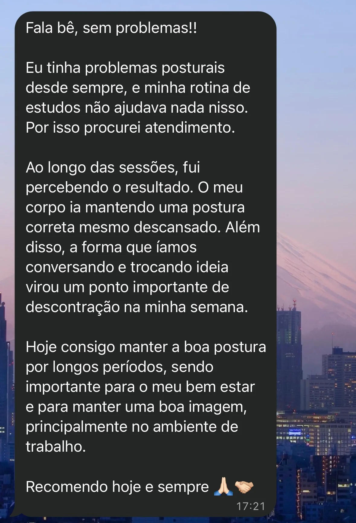 Depoimento de Guilherme sobre o tratamento de correção postural, recebido por WhatsApp.